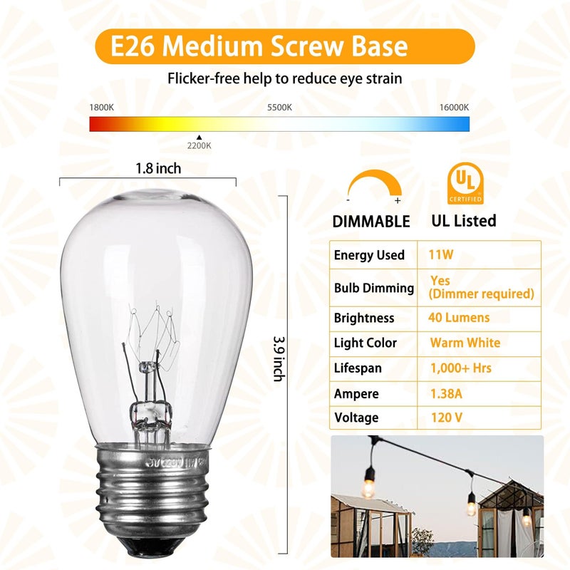 Brightown Pack of 26pcs S14 Light Bulbs for String Lights -11 Watt E26 Medium Candelabra Screw Base S14 Warm Replacement Clear Glass Bulbs for Commercial Grade Outdoor Patio Garden Vintage String Lights - Image 2